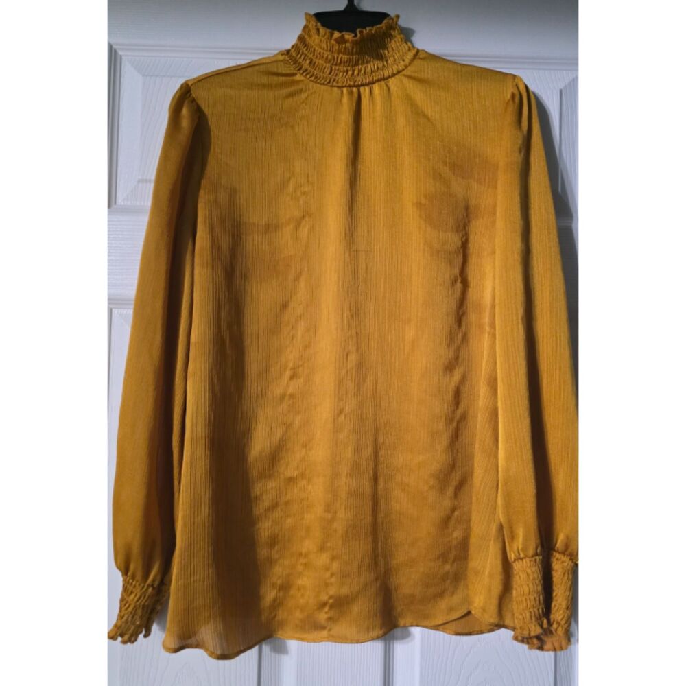 Cato Mustard Gold Satin Mock Neck Blouse Smocked Cuff Long Sleeve Top Womens M